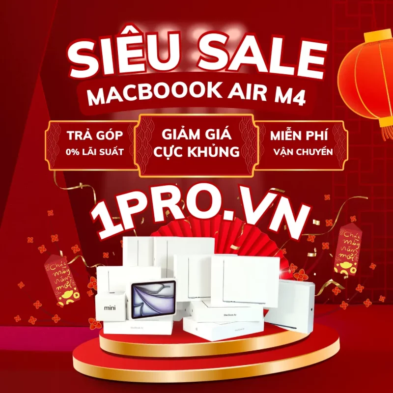 Hình ảnh macbook air m4 nổi bật giữa các biểu tượng giảm giá và quà tặng.